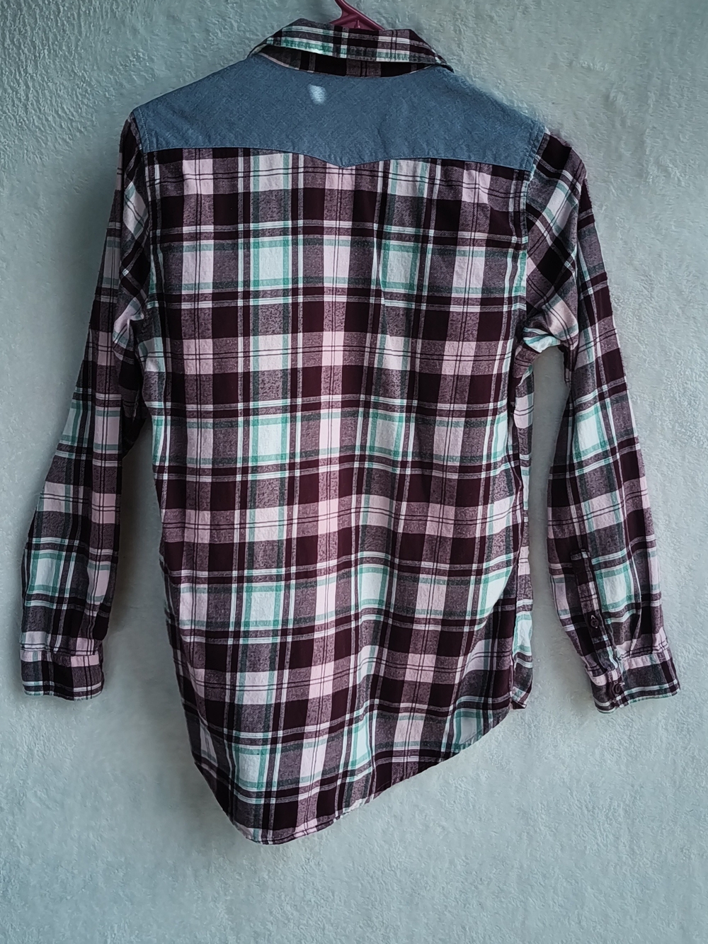 NorthCrest Long Sleeve Shirt In Burgundy, Mint, and White Plaid. (WS 54) - Picture 4 of 4